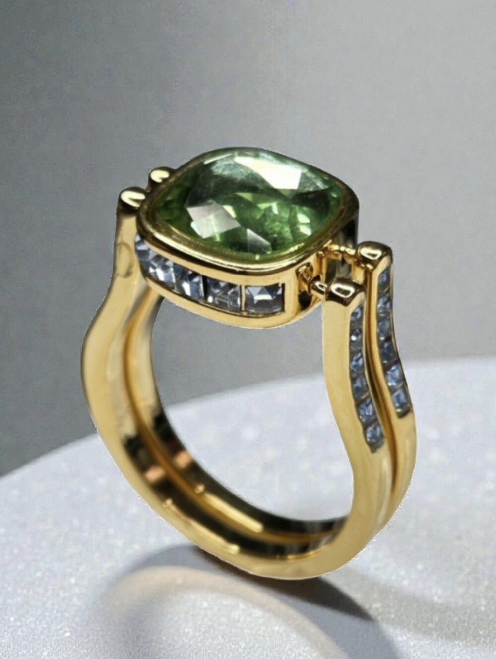 18k Gold Plated Designer Green Pink Cushion Cut Crystal Dual Sided Flip Ring